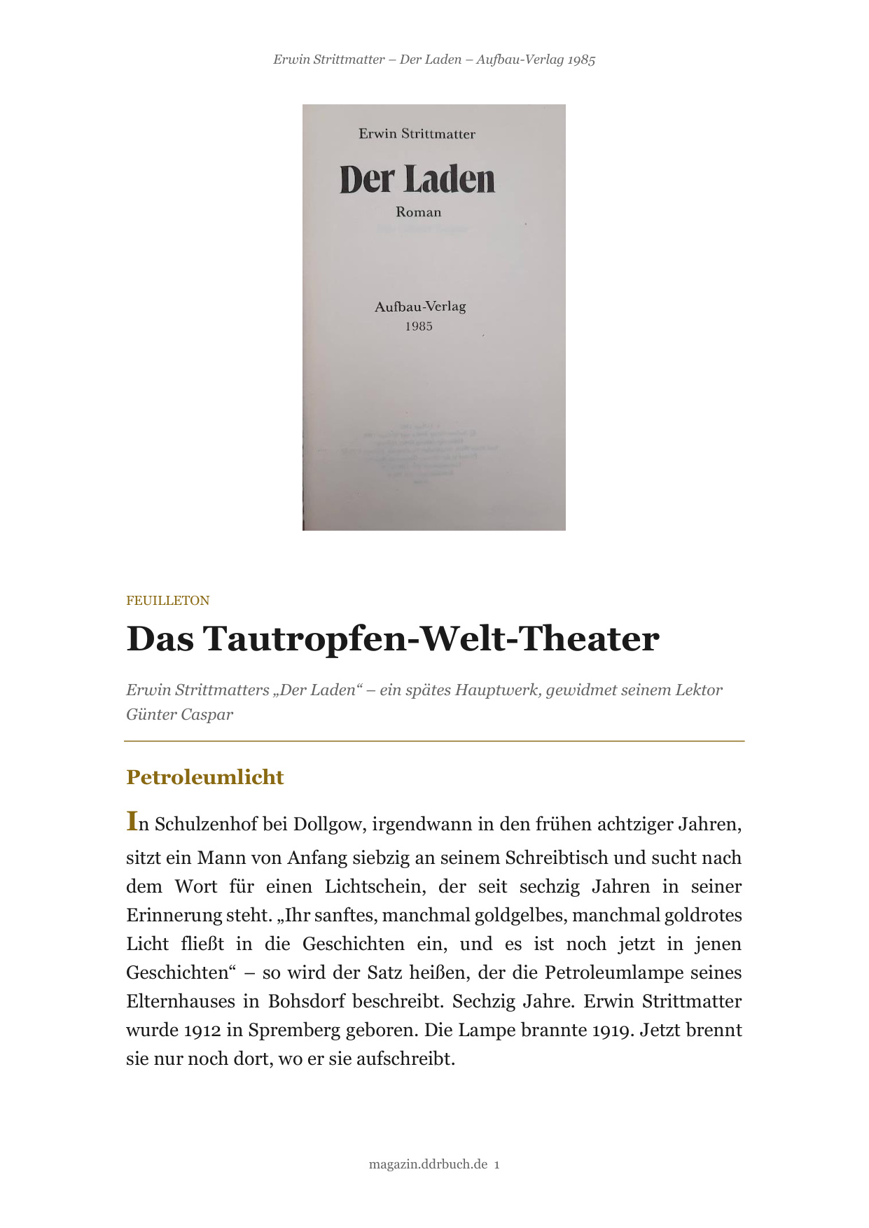 Feuilleton: Erwin Strittmatters 'Der Laden' – Das Tautropfen-Welt-Theater