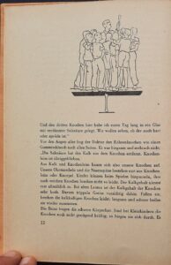 Zeichnung: Zwölf Kinder stehen auf einer Platte, die auf einem einzigen Röhrenknochen ruht